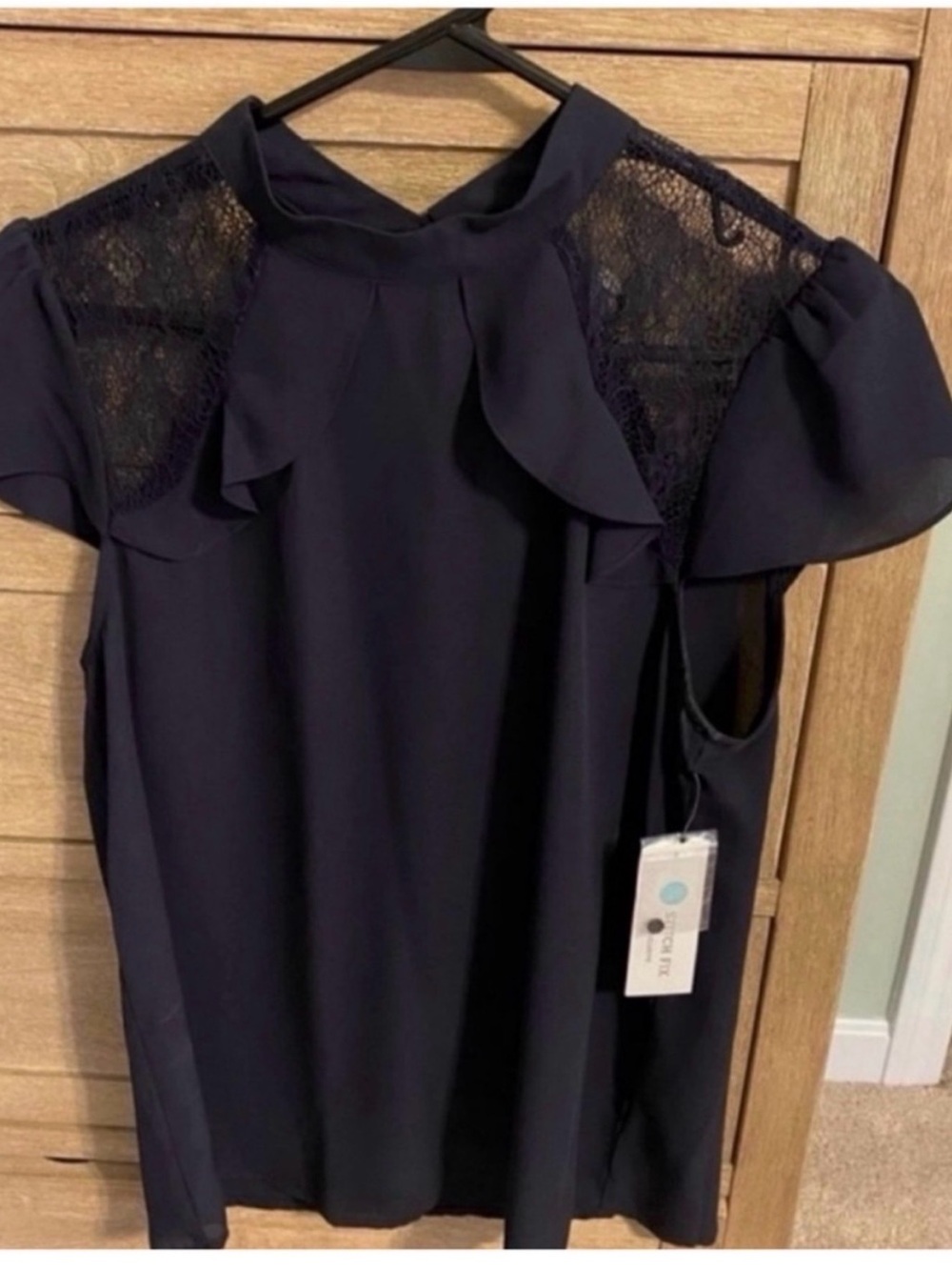 NWT Blue Lace Inset Mock Neck Blouse | Cap Sleeve | Size Medium